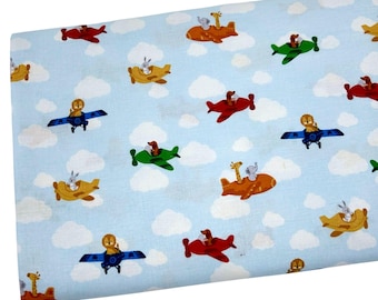 Animal Pilots on Blue Fabric by the Yard, Kids Planes, Quilting Cotton B5.21