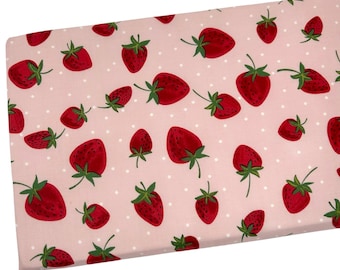 Strawberries on Dots Fabric by the Yard, Fruit on Pink, Quilting Cotton B9-25