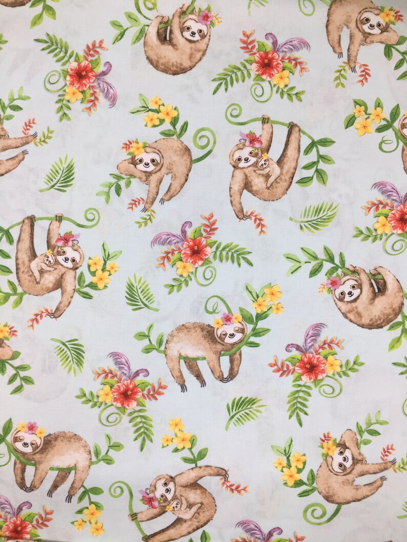 Tropical Sloth Fabric Sloths and Flowers Fabric by the yard | Etsy
