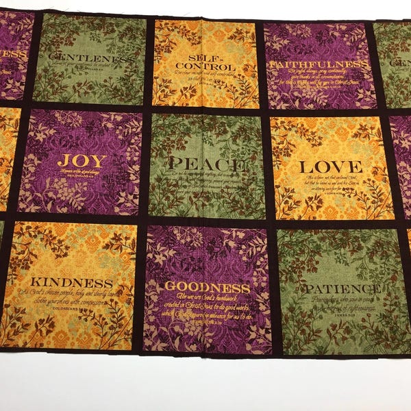 Fruit of the Spirit Fabric Panel 24" by 44", Inspirational Bible Verses, Religious Blocks, Quilting Cotton, B2-6