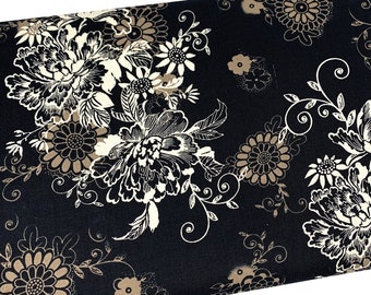 White and Brown Flowers Fabric by Michael Miller, Black Roses, Fabric by the yard, Quilting Cotton, B1-40