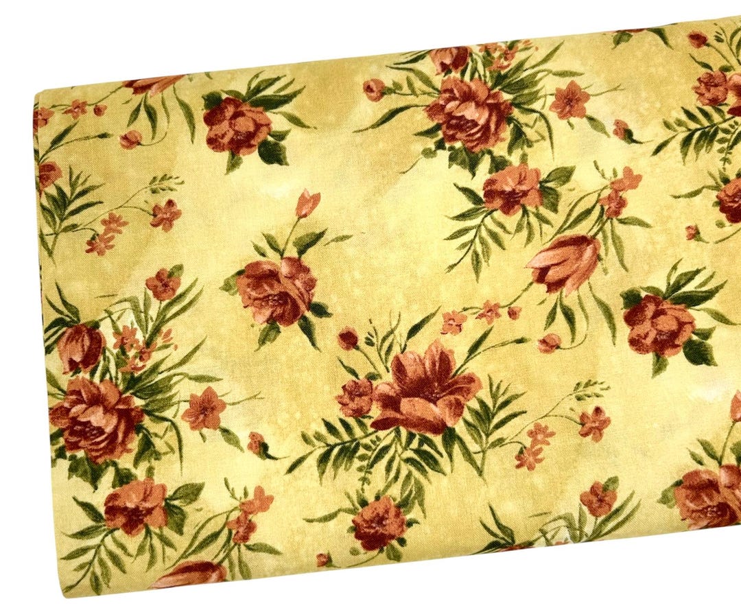 Roses on Yellow Fabric, Floral Garden, Fabric by the Yard, Quilting ...