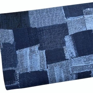 End of the Bolt 8" by 44" Blue Denim Patch Quilting Fabric, Blue Jean Look Patchwork Cotton