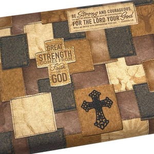 Be Strong Religious Christian Fabric by the Yard, Brown Cross, Quilting Cotton, B2.10