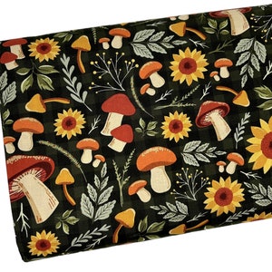 Mushrooms and Sunflowers Fabric, Fall Forest on Green Checks, Fabric by the yard, Quilting, Fat Quarter, Apparel, 100% Cotton