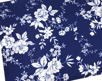 Porcelain Floral Fabric, Fabric by the yard, Blue Quilting Cotton, B1-27