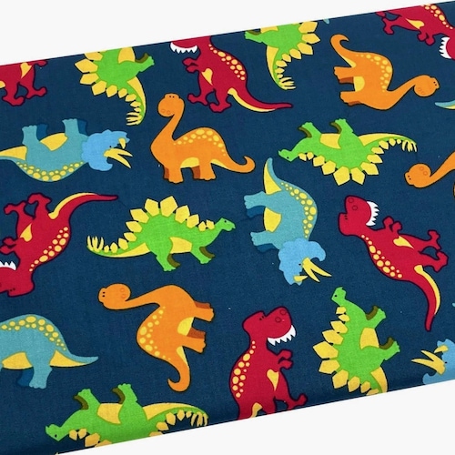 Dinosaurs on Navy Blue Fabric by the Yard, Orange Dino, Quilting Cotton, B6.33