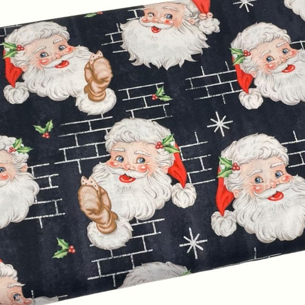 Santa All  on Black Background Fabric, Christmas Print, Fabric by the Yard, Quilting, Apparel, 100% Cotton ..