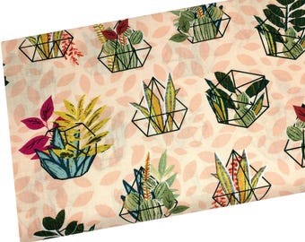 Succulents Floral Fabric by the Yard, Boho Terrarium, Potted Plants, Quilting Cotton .