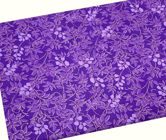 Purple and Metallic Gold Leaf Fabric by the Yard, Flowers and Leaves, Quilting Cotton, B1-15