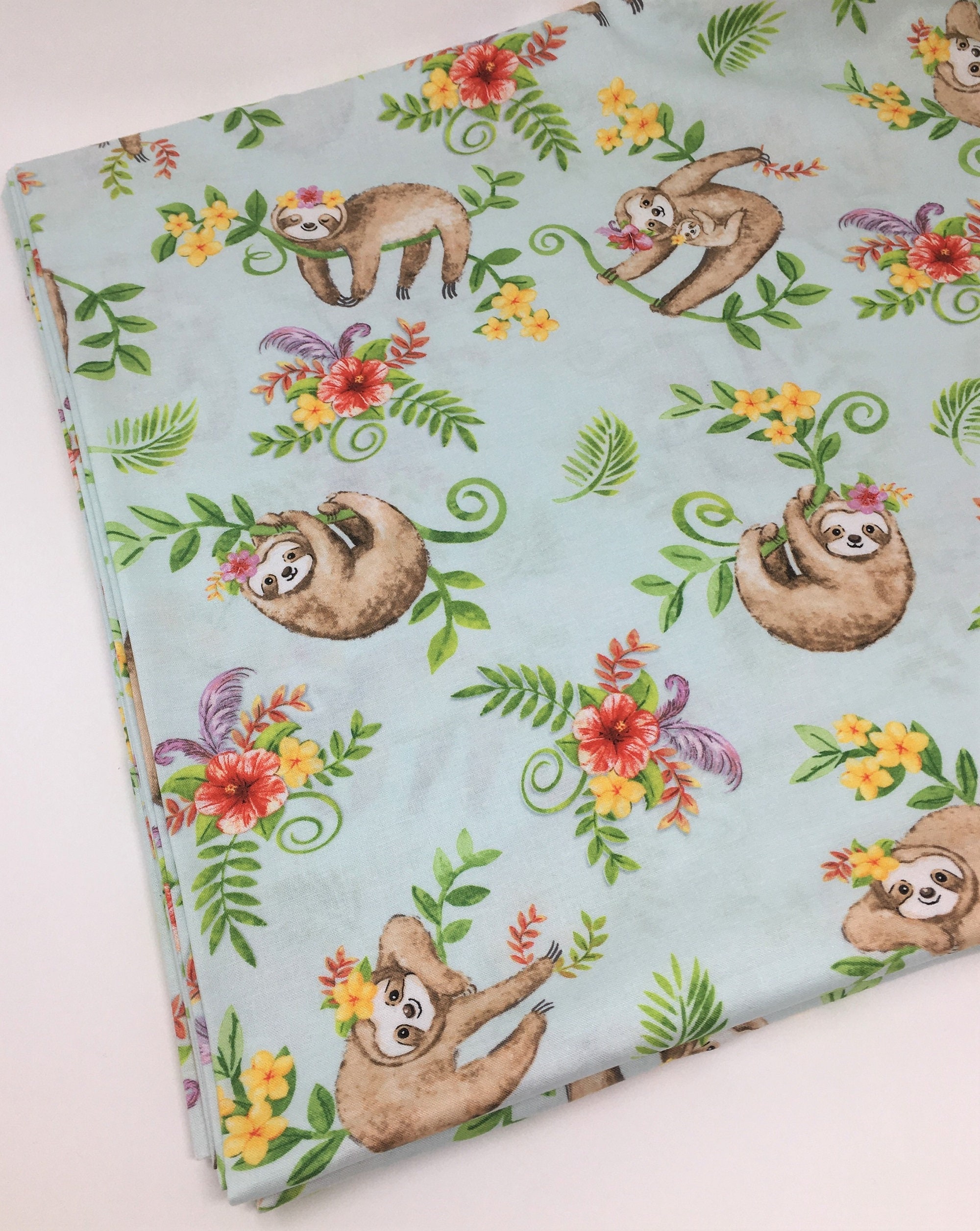 Tropical Sloth Fabric, Sloths and Flowers, Fabric by the yard, Fat Qu…