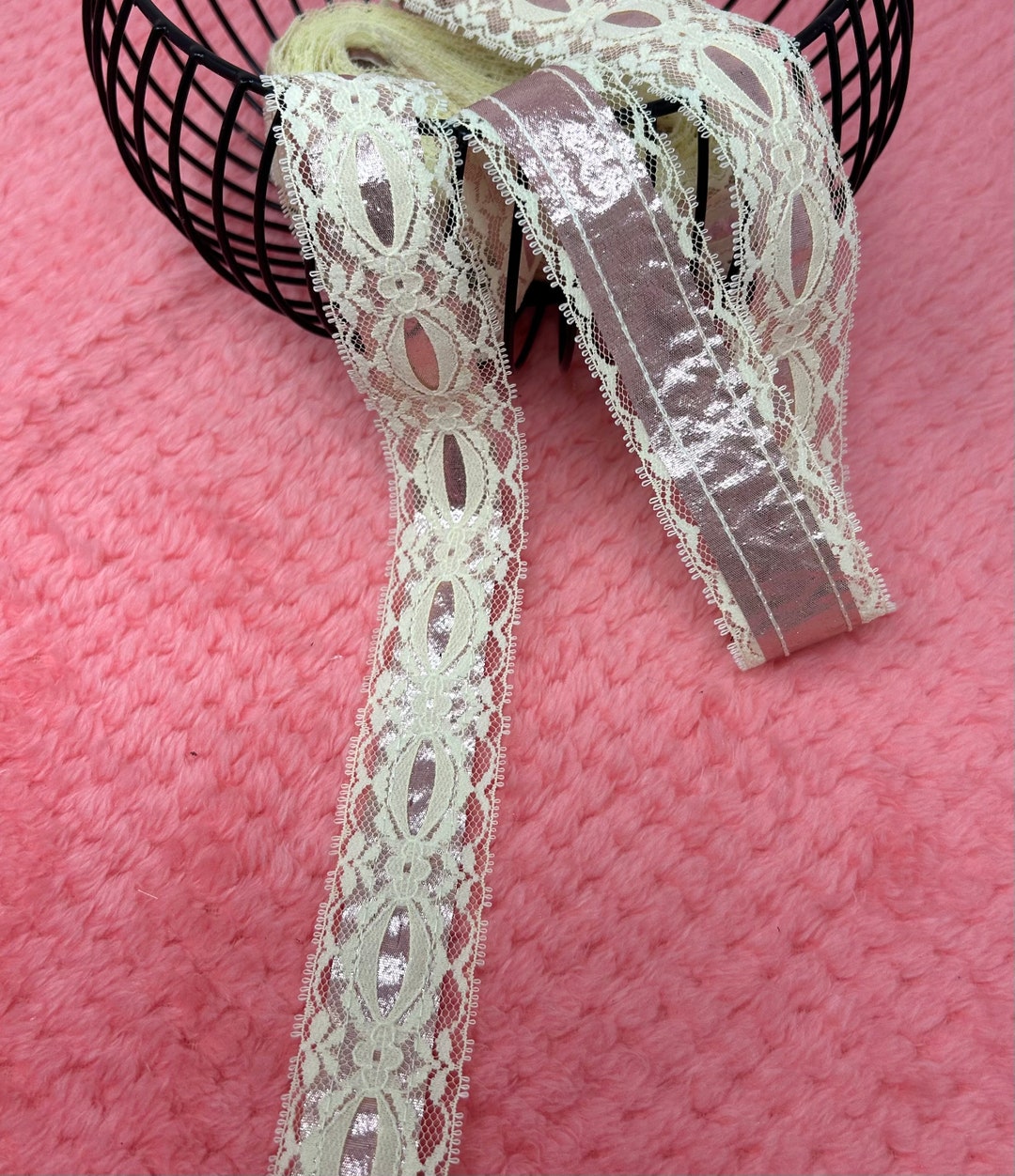 Pink Lace Ribbon 1.5 Inch Wide, Ivory Floral Trim for Sewing