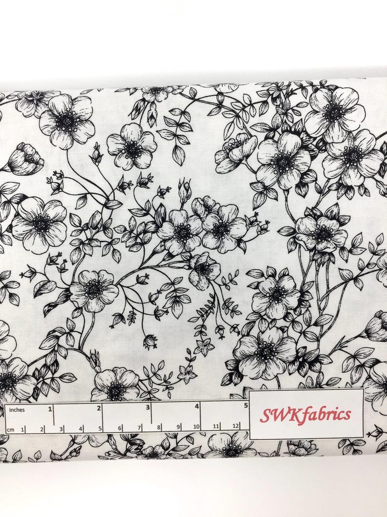 Black and White Flowers Fabric, Black Roses, Fabric by the Yard
