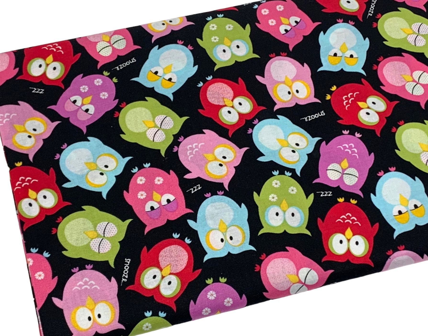 Colorful Owls Fabric, Sleepy Birds, Fabric by the yard, Fat Quarter, Quilting Fabric, Apparel, 100% 