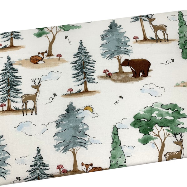 Woodland Animals Fabric, Watercolor Forest, Bear Deer Fox, Fabric by the yard, Fat Quarter, Quilting, Apparel, 100% Cotton B5-29..