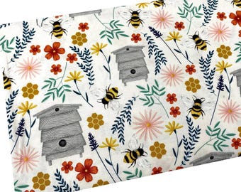 Bees and Flowers Fabric, Bumble Bee Honey, Fabric by the yard, Fat Quarter, Quilting Fabric, Apparel, 100% Cotton, B2-13