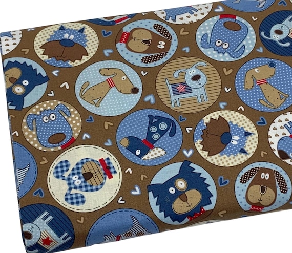 Circles with Dogs Fabric by the Yard, Patterned Puppies, Dressed Dogs, Quilting Cotton B3.28