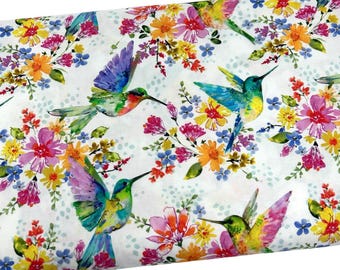Colorful Birds Fabric by the Yard, Bright Flowers, Quilting Cotton, B3-1