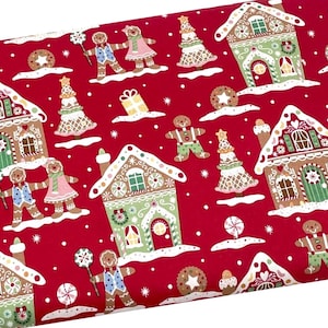 Gingerbread House Fabric, Holiday Cookies, Red Dots, Fabric by the yard, Quilting, Apparel, 100% Cotton