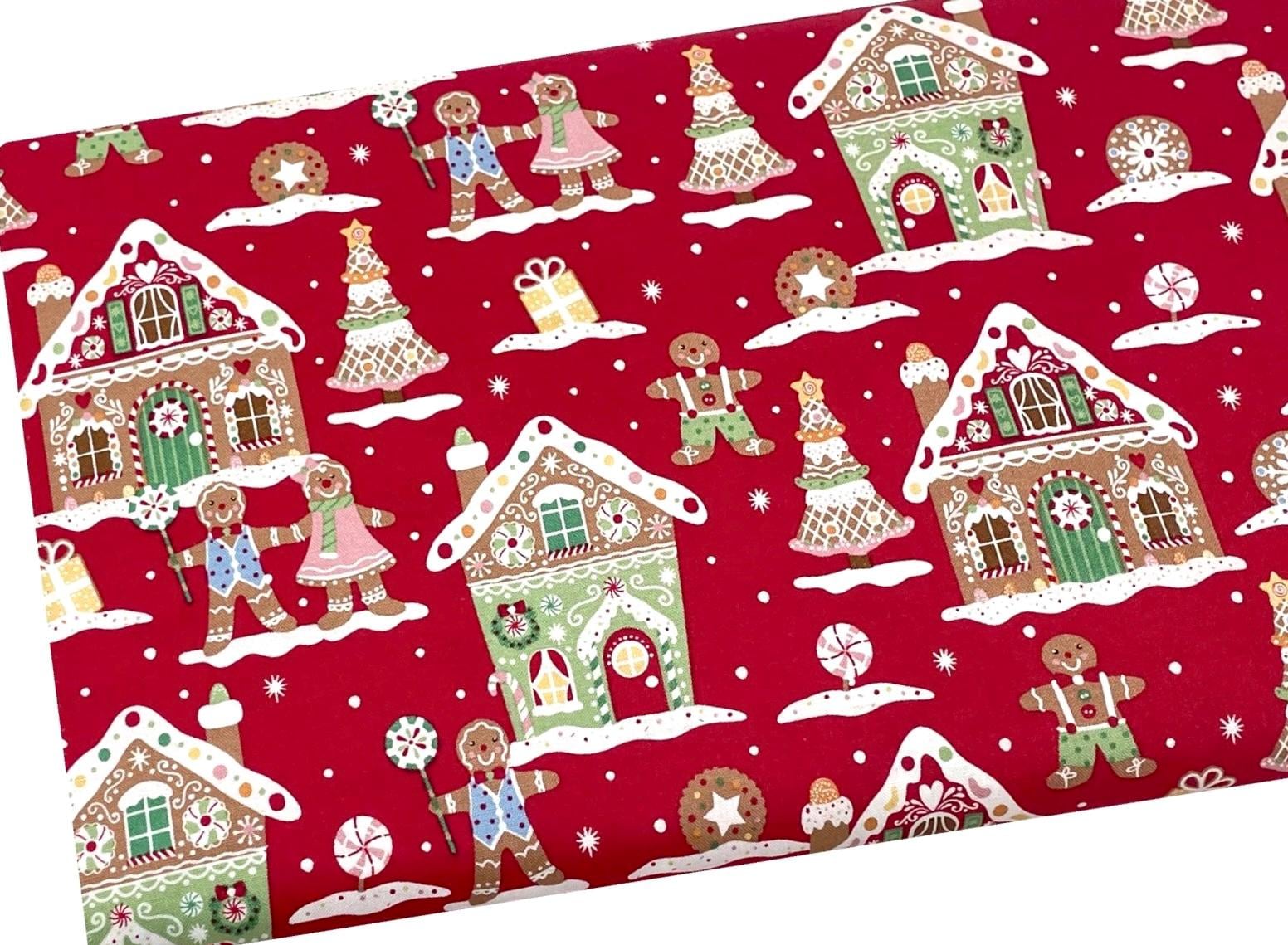 Gingerbread House Fabric, Holiday Cookies, Red Dots, Fabric by the yard, Quilting, Apparel, 100% Cotton