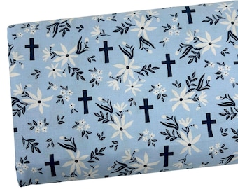 Floral Cross Fabric by the Yard, Blue Religious Print, Quilting Cotton, B2-19
