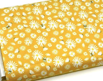 Yellow Daisy and Bee Cotton Fabric by the Yard, Floral Honey, Quilting Cotton .