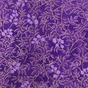 May include: Purple fabric with a gold leaf pattern. The leaves are outlined in gold and the background is a deep purple.