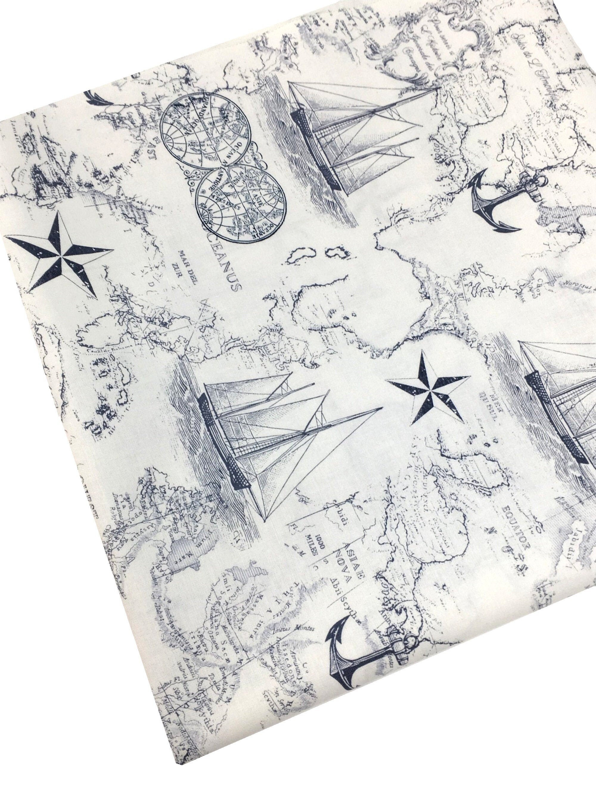 Nautical Map Fabric Navy Nautical Map Fabric Fabric by the Etsy