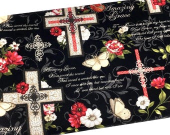 Amazing Grace Floral Fabric, Religious Christian Fabric, Fabric by the yard, Fat Quarter, Quilting, Apparel, 100% Cotton, B2-17