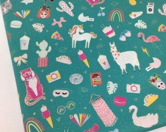 Turquoise Llamas Pizza Unicorn Fabric, Fabric by the yard, Fat Quarter, Quilting Fabric, Apparel, 100% Cotton ..