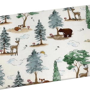 Woodland Animals Fabric, Watercolor Forest, Bear Deer Fox, Fabric by the yard, Fat Quarter, Quilting, Apparel, 100% Cotton B5-29
