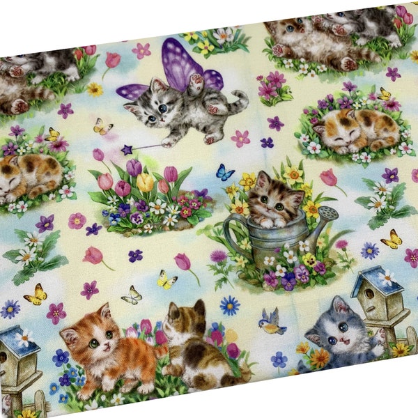 Cute Kittens Cotton Fabric, Flowers and Butterflies, Floral Cats, Fabric by the yard, Fat Quarter, Quilting, Apparel, 100% Cotton B6-15..