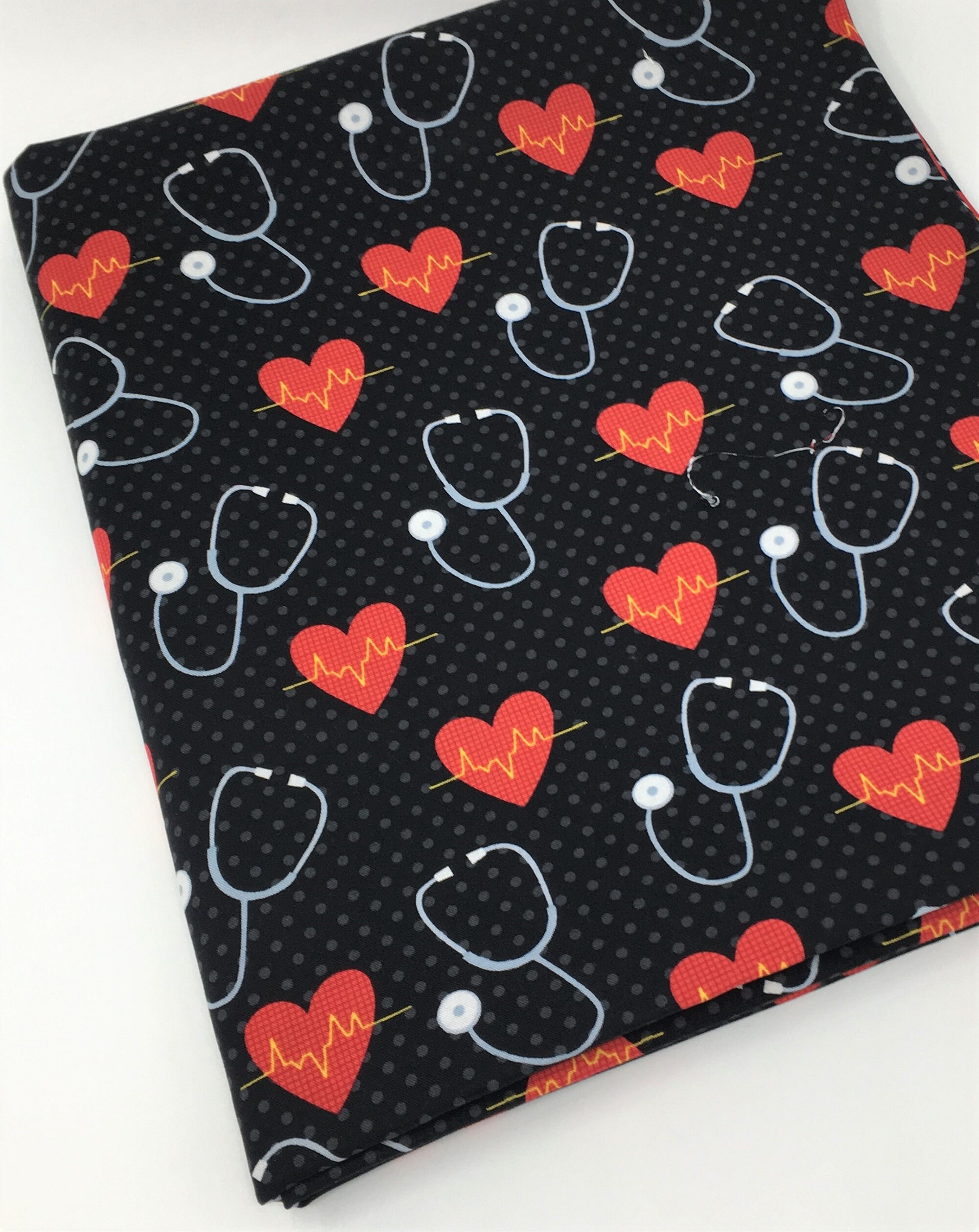 First Aid Fabric, Stethoscope and Red Heart, Fabric by the yard, Fat …