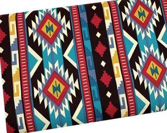 Tribal Turquoise Fabric by the Yard, Western Aztec, Quilting Cotton, B7-24