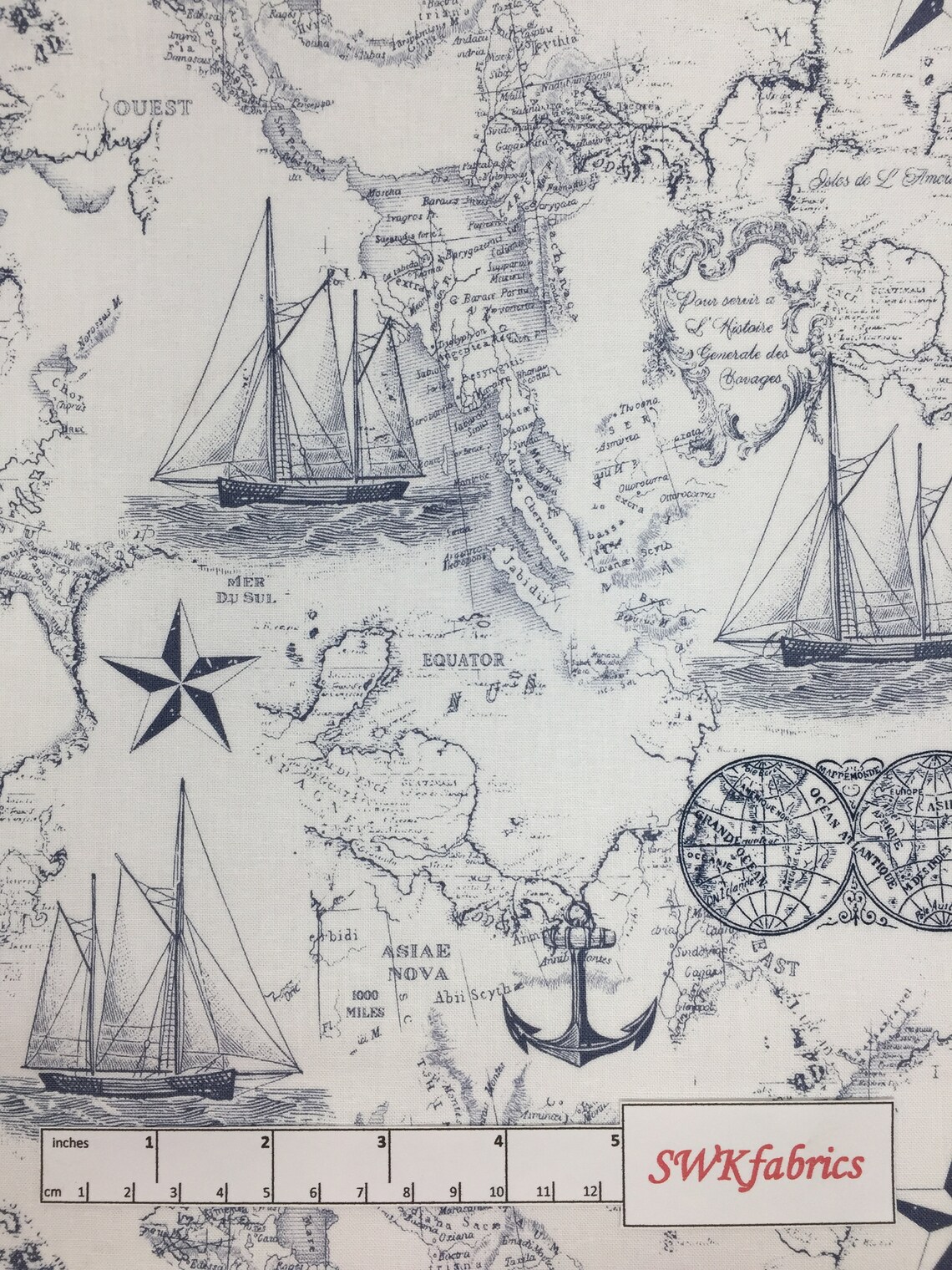 Nautical Map Fabric Old World Map Fabric by the Yard Navy Etsy
