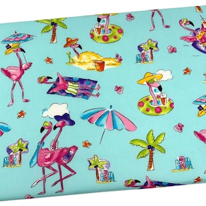 May include: Light blue fabric with a repeating pattern of pink flamingos enjoying a beach vacation. The flamingos are depicted with sunglasses, hats, and drinks, lounging on the beach, in inner tubes, and under umbrellas. Palm trees and starfish are also featured.