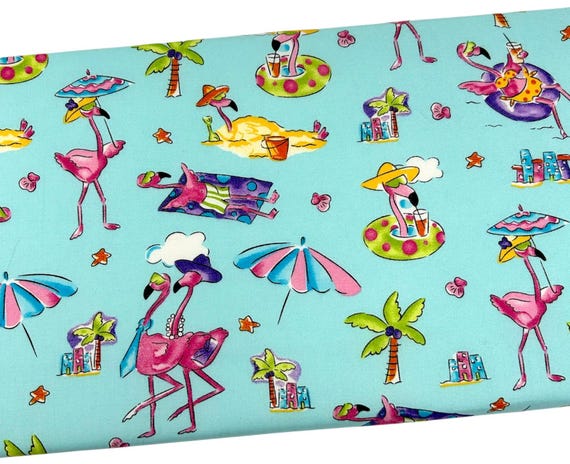 Flamingo Beach Fabric but he Yard, Summer Vacation, Quilting Cotton, B6.13