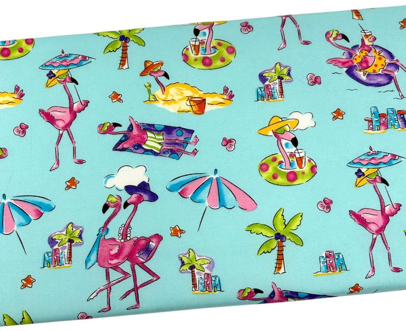 May include: Light blue fabric with a repeating pattern of pink flamingos enjoying a beach vacation. The flamingos are depicted with sunglasses, hats, and drinks, lounging on the beach, in inner tubes, and under umbrellas. Palm trees and starfish are also featured.