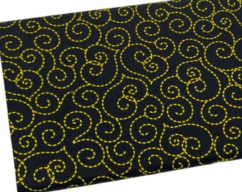 Yellow Swirl on Black Fabric, Fabric by the yard, Fat Quarter, Quilting, Quilt Backing, Apparel, 100% Cotton, R8-26..