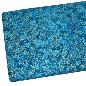 Blue and Metallic Gold Leaf Fabric, Aqua Fabric, Fabric by the yard, Fat Quarter, Quilting, Apparel, 100% Cotton, B1-25