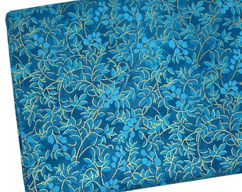 Blue and Metallic Gold Leaf Fabric by the yard, Quilting Cotton, B1-25