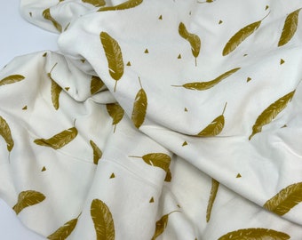 Mustard Feathers Knit Fabric 58" wide, Ivory Stretchy Jersey, Fabric by the yard, Apparel, Cotton and Spandex