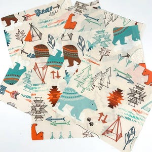 9 Fabric Squares, 7.5"x7.5" Bear in the Forest Fabric, Animal Aztec Print, Quilting Precut, 100% Cotton