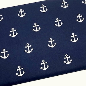 White Anchor on Navy Fabric by the Yard, Nautical Quilting Cotton, B9.3