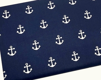White Anchor on Navy Fabric by the Yard, Nautical Quilting Cotton, B9.3