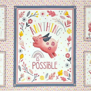 Flying Pigs Fabric Panel 24&quot;, Porkopolis By Diane Eishler for Studio E, Whimsy Quilt, Rainbows, Colorful Dots, 100% Cotton