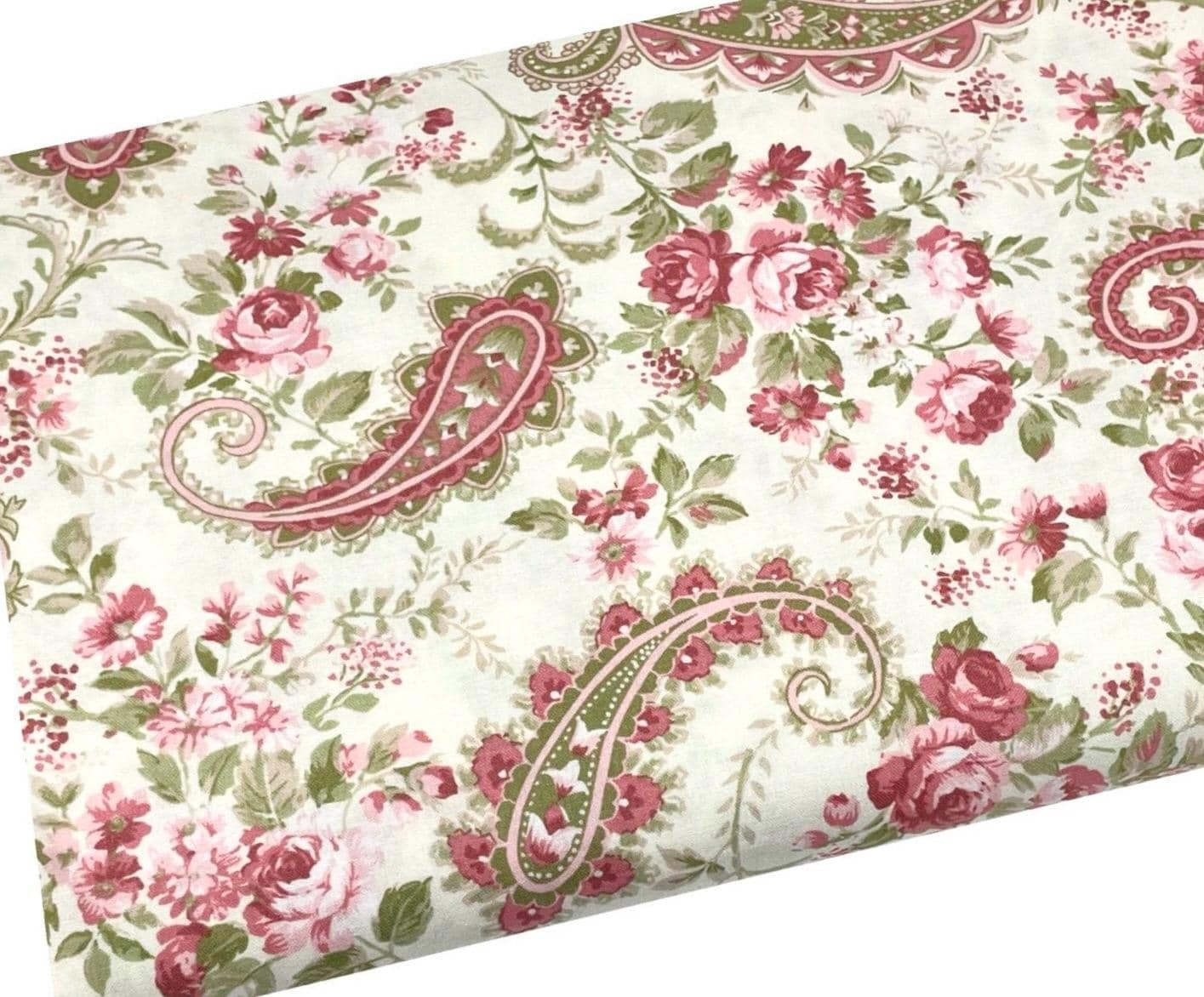 Shabby Paisley Fabric, Pink Roses, Floral Fabric by the yard, Fat Quarter, Quilting, Apparel, 100% Cotton, B1-12