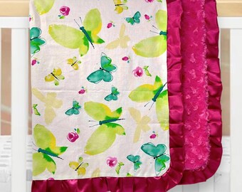 Watercolor Butterfly Baby Blanket 29" x 33", Pink and Green Nursery, Floral Bedding, Baby Shower Gift