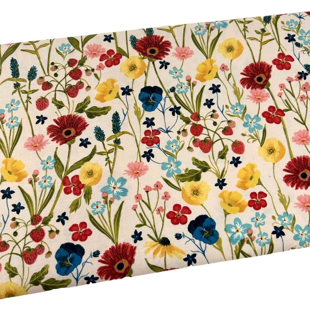 Springbrook Fabric Spring Flowers and Strawberries Fabric, Botanical Garden, Fabric by the ...