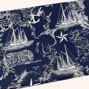 Navy Nautical Map Fabric, Ships and Stars, Fabric by the yard, Fat Quarter, Quilting, Apparel, 100% Cotton, B9-4